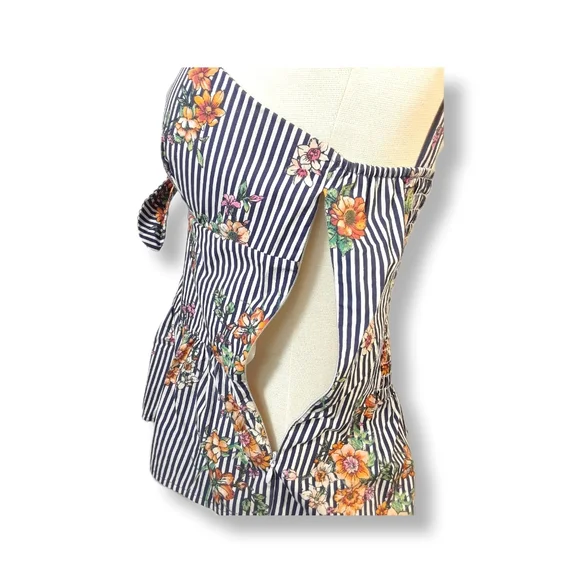Iris Striped Tank Top Womens Fit & Flare Sleeveless Floral Bow Padded Low Cut-L - Picture 8 of 16
